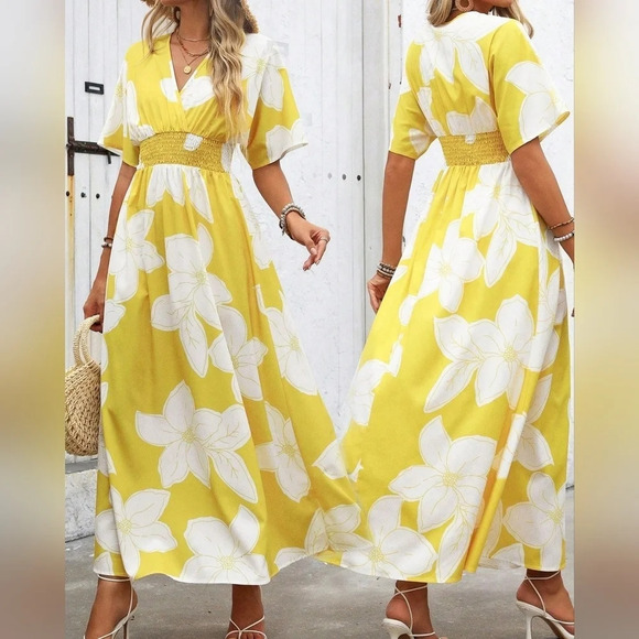 Dresses & Skirts - V-Neck Sleeveless Bohemian Printed Yellow Dress For Women